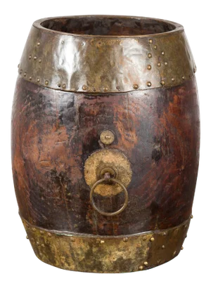 Chinese Vintage Rustic Wooden Bucket with Brass Accents and Backplate