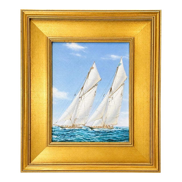 Original Nautical Sailboat Oil Painting in Custom Gold Frame, 14 X 16 by Matt Thomas For Sale