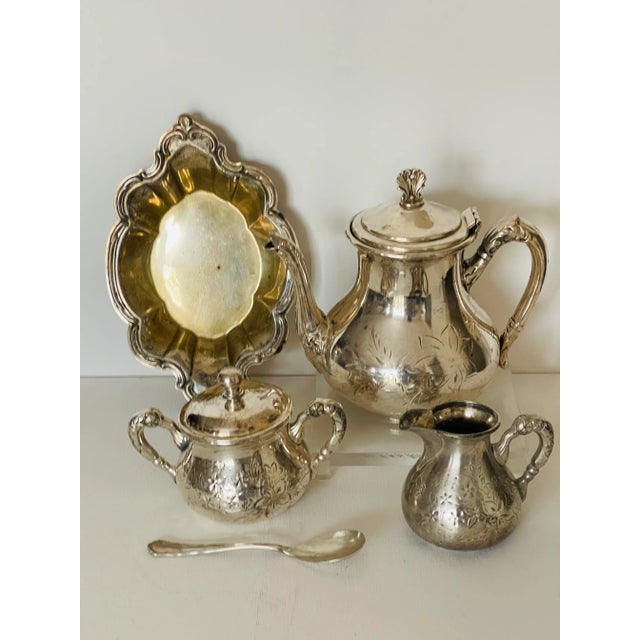 Silver plate Coffee tea set with small festooned tray and spoon. Signed Heavy Silverplate Westminster.