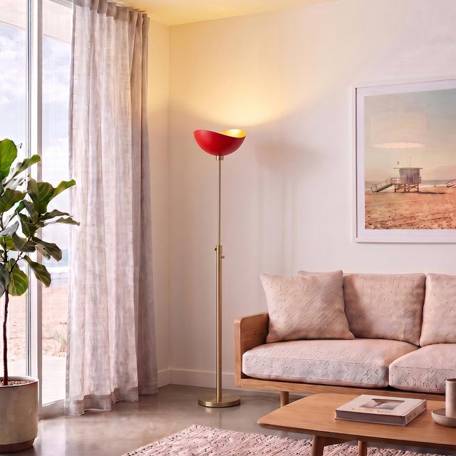 Red & Gold Torchiere Floor Lamp - Half-Dome Steel Shade - Weathered Brass Base - Dimmable Foot Dimmer - NOVA Venice Beach...