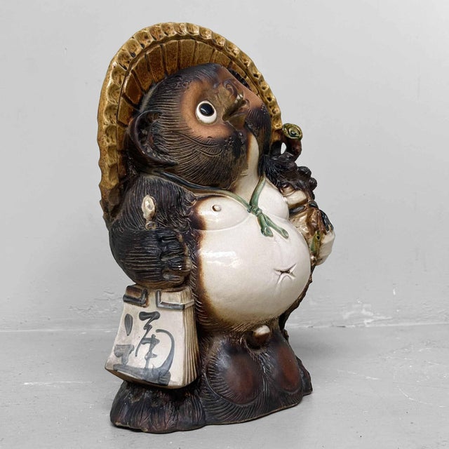 Mid-Century Modern Decorative Tanuki Tanuki Statue in Shigaraki Pottery, 1980s For Sale - Image 3 of 14
