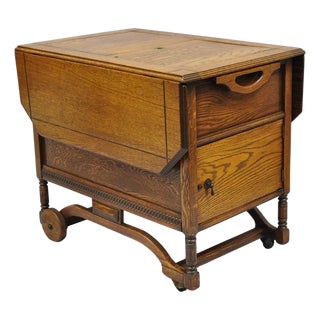 Antique Arts & Crafts Oak Wood Rolling Bar Cart Liquor Cabinet by Lammert's For Sale
