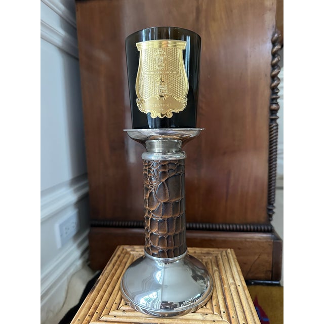 Art Deco Vintage 8” Leather and Silver Ralph Lauren Style Candleholder For Sale - Image 3 of 18