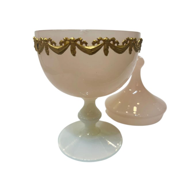 French French Pink Opaline Glass Covered Box on Pedestal With Gilt Decoration For Sale - Image 3 of 5