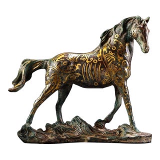 1980s Bronze Horse Sculpture With Gold Inlay | Ancient Style Gilt Bronze Statue | 1.3kg For Sale