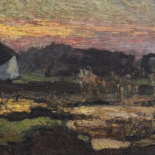 Antique European Oil Painting on Panel, Landscape With Pond and Thatched Farmhouse For Sale - Image 13 of 15