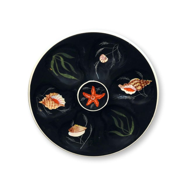 French Provincial Mid 20th Century Quimper Guy Trévoux Black-Ground Oyster Service — Master W/ 6 Plates For Sale - Image 3 of 10