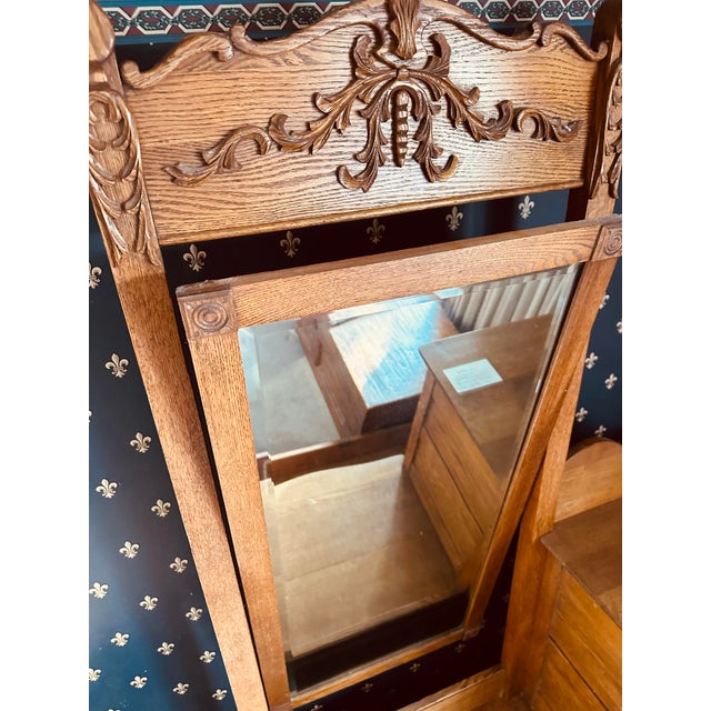 1900s Antique Oak Bi-Level Gentleman’s Dresser With Swivel Mirror For Sale - Image 12 of 12