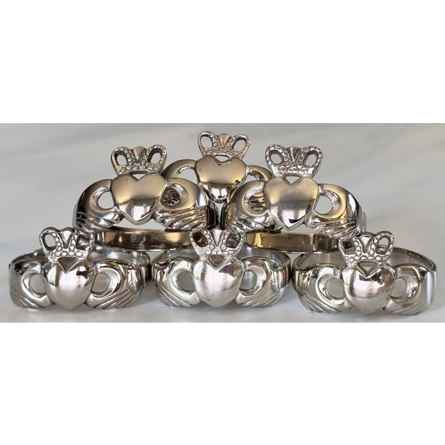 Silver Made in Ireland Vintage Silver Plated Claddagh Motif Napkin Rings - Set of 6 For Sale - Image 8 of 10