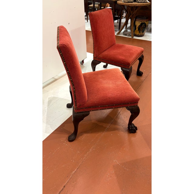 Pair of Upholstered 19th century Mahogany Side Chairs attributed to Ireland due to the form and hairy paw front feet....