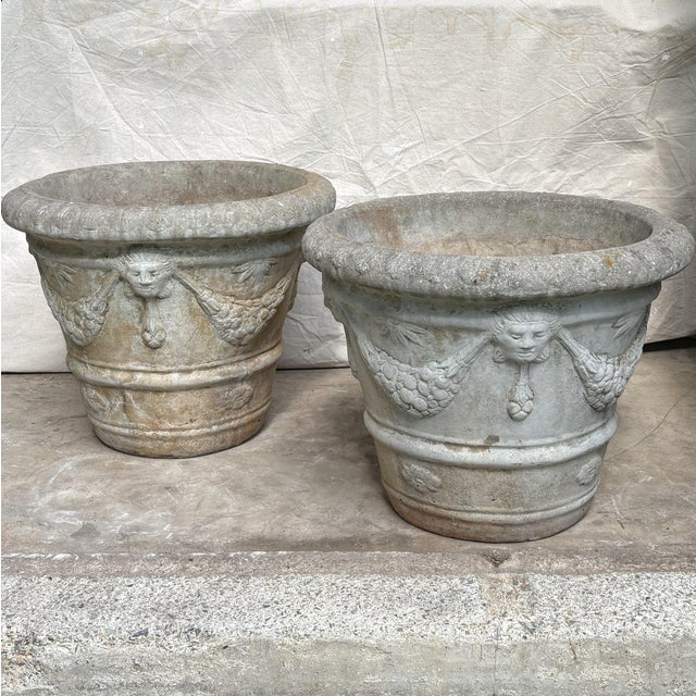 Mid 20th Century Pair of Neoclassical Cast Stone Garden Urns With Mask and Garland Motifs For Sale - Image 4 of 13