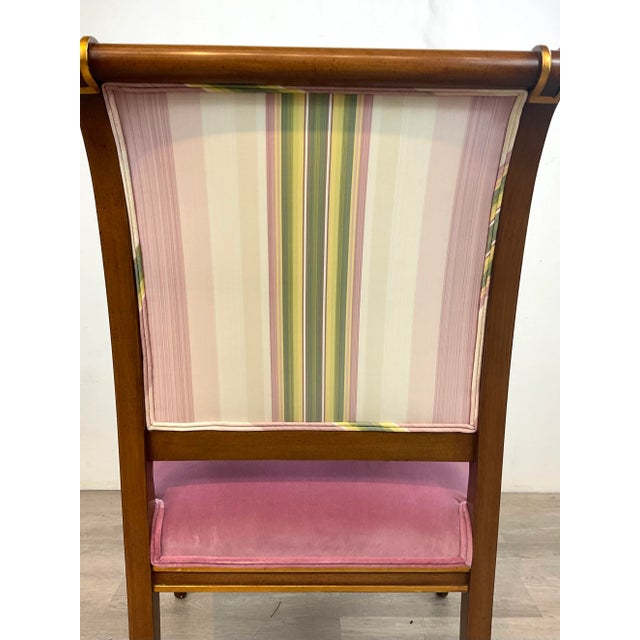 Elegant Karges Empire Style Orchid Velvet Dining Arm Chairs, warm mahogany wood frames with gold accents, pink/purple,...