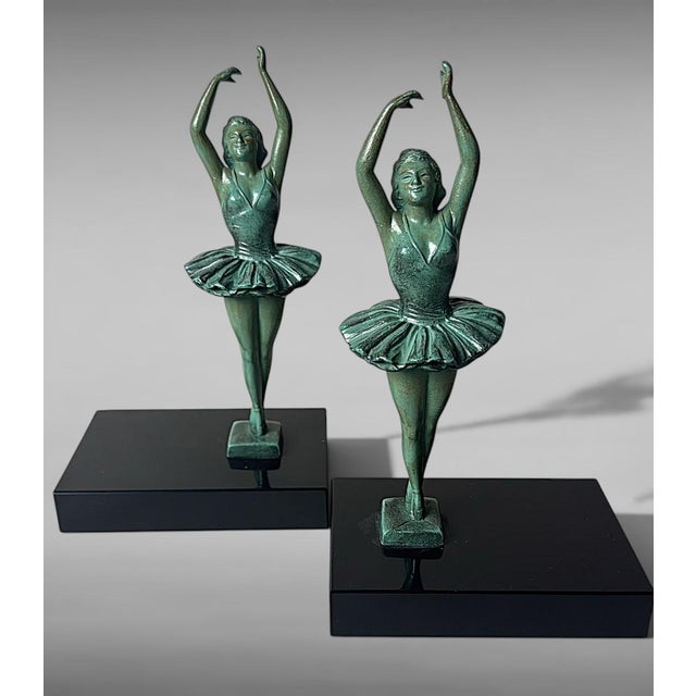 Art Deco French Pair of Dancer Bookends in Spelter and Black Marquina Marble For Sale - Image 4 of 18