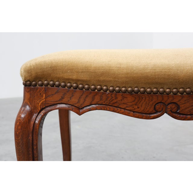 Louis XV Style Walnut Stool with Cabriole Legs and Velvet Seat, France, 1950s For Sale - Image 3 of 12