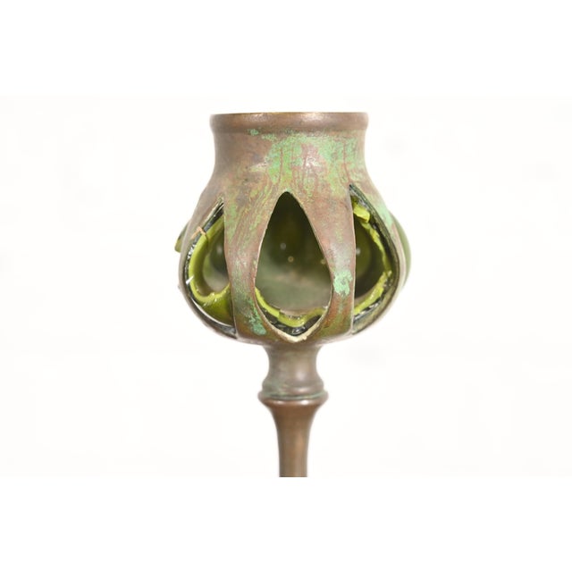 Metal Tiffany Studios New York Bronze and Green Favrile Glass Puddle Candlesticks, Pair For Sale - Image 7 of 12