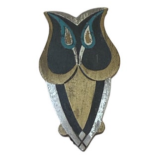 Mid Century Mexican Modernist Toño Taxco Sterling Silver Piedra Negra Owl Brooch Pendant Mixed Metal Turquoise Inlay Signed For Sale