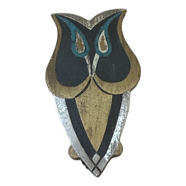 Mid Century Mexican Modernist Toño Taxco Sterling Silver Piedra Negra Owl Brooch Pendant Mixed Metal Turquoise Inlay Signed For Sale