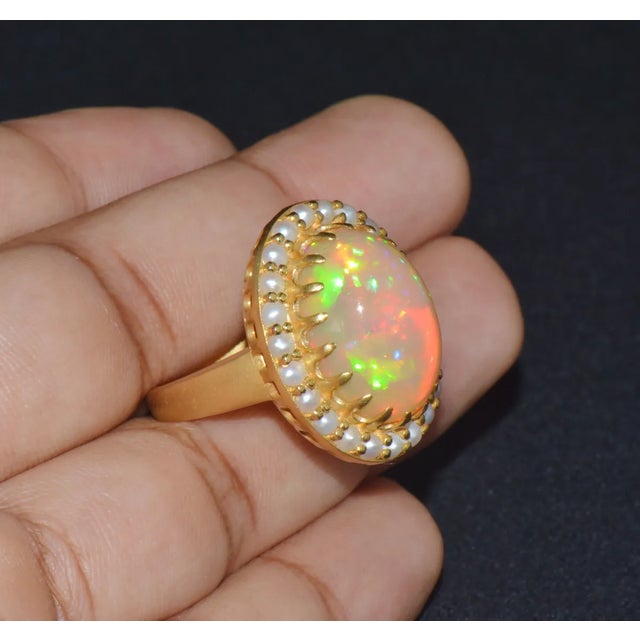Certified Natural 13.78Cts Seed Pearl Opal Cocktail Halo Brushed 18K Solid Gold Ring, size 6.75 For Sale - Image 9 of 10