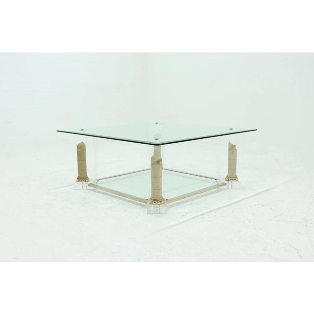 Metal Acrylic Glass & Glass 2-Tier Pedestal Coffee Table, 1980s For Sale - Image 7 of 9
