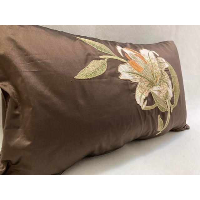 Floral Embroidered Decorative Accent Satin Lumbar Pillow Cover For Sale - Image 4 of 7