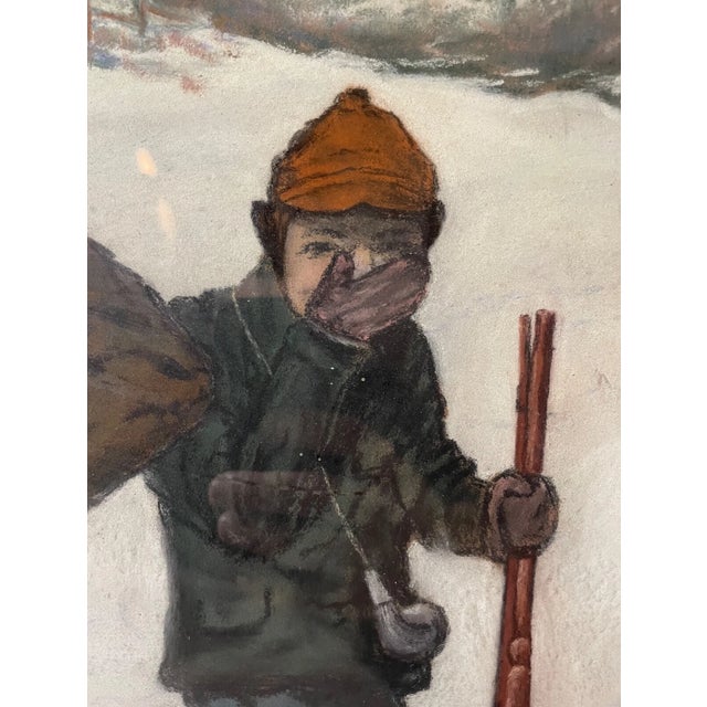 1940s Original Casey Man and Boy Hunting Snow Pastel Drawing Painting Folk Art For Sale - Image 12 of 15