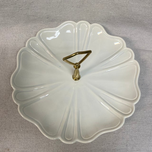 Vintage California Pottery Cream White Relish Dish Tray With Gold Metal Handle For Sale - Image 9 of 12