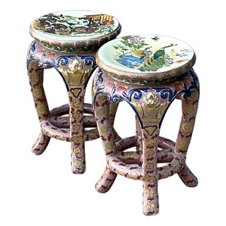 Vintage Asian Glazed Ceramic Low Stools - A Pair For Sale