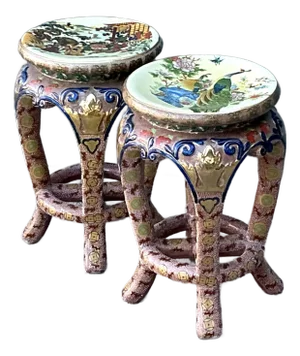Vintage Asian Glazed Ceramic Low Stools - A Pair