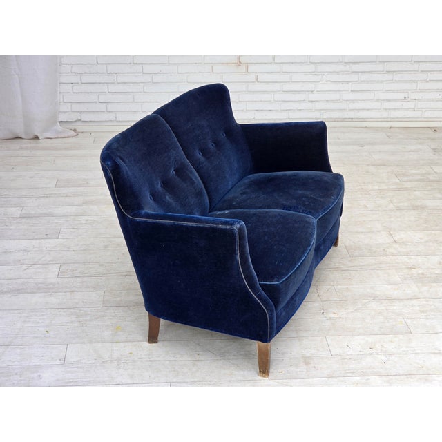 Danish Two-Seater Sofa in Dark Blue Furniture Velour, 1960s For Sale - Image 8 of 15
