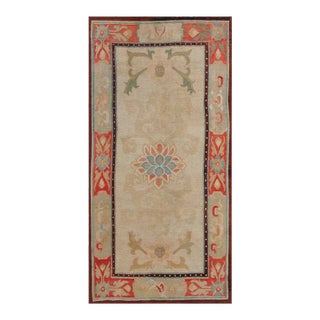 1920s Ivory Medallion Antique Chinese Tibetan Carpet 3' X 6' Handknotted Wool Rug For Sale