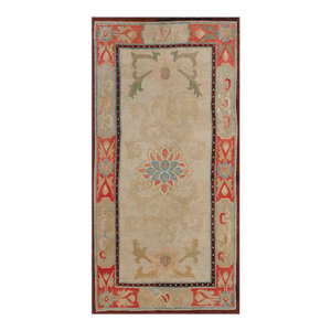 1920s Ivory Medallion Antique Chinese Tibetan Carpet 3' X 6' Handknotted Wool Rug