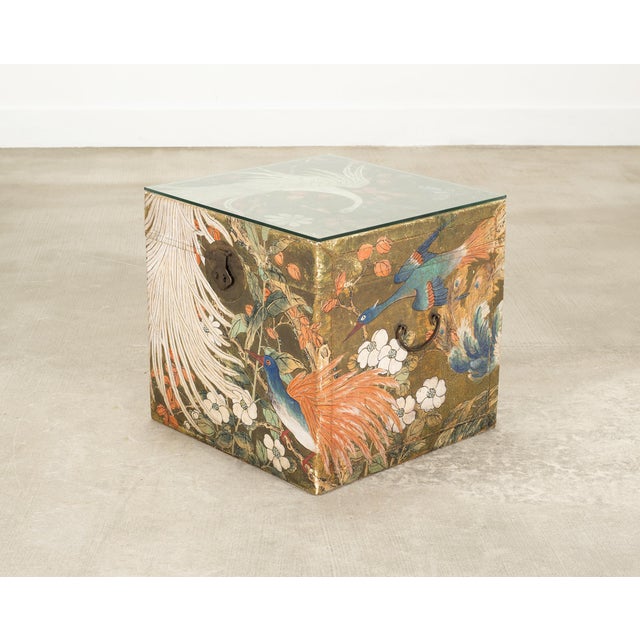 Wood Chinese Qing Style Painted Exotic Birds Leather Trunk Table For Sale - Image 7 of 17