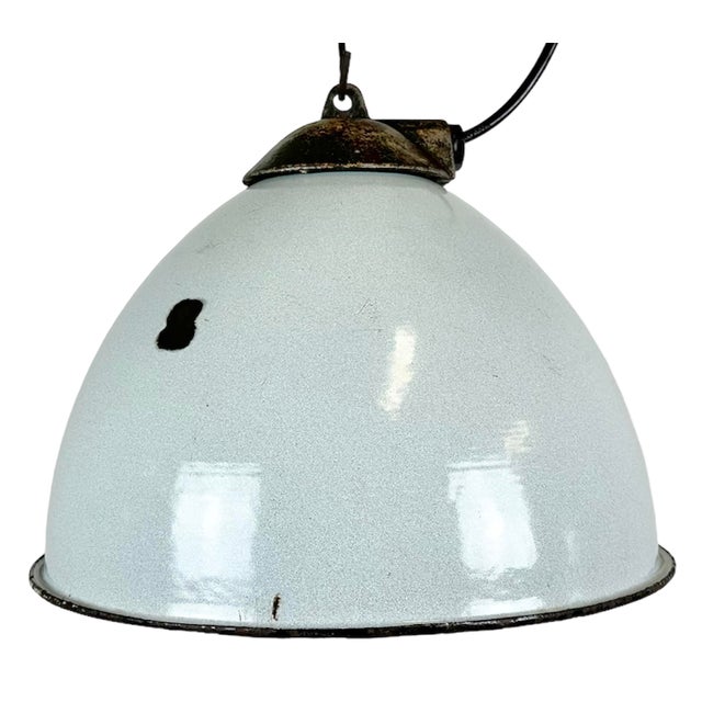 Industrial Grey Enamel Factory Lamp with Cast Iron Top, 1960s For Sale - Image 17 of 17