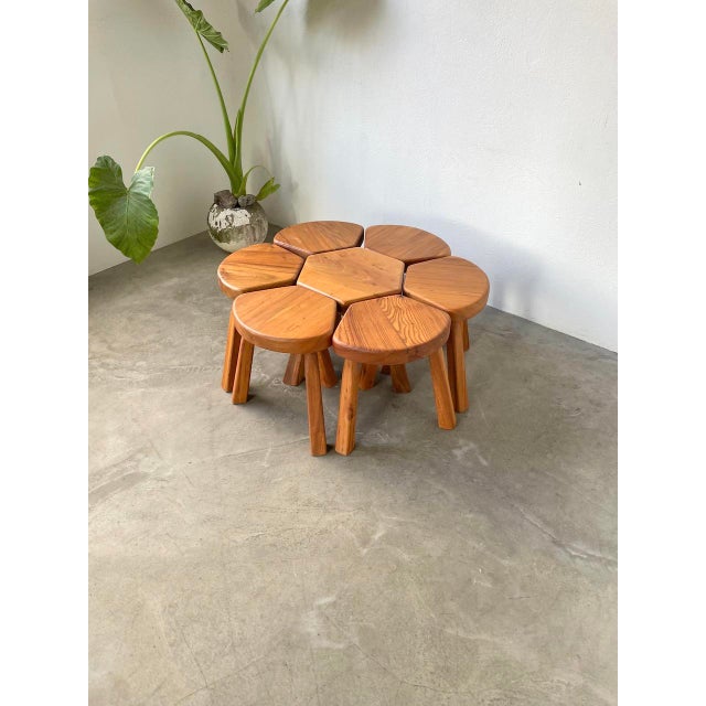 Flower Coffee Table Set with Elm Tripod Stools, 1950s, Set of 7 For Sale - Image 14 of 18