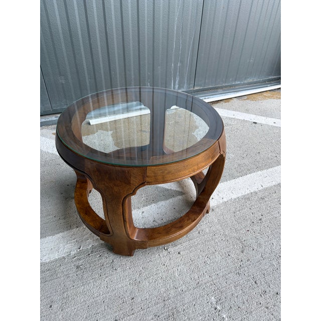 Mid-Century Modern Vintage Thomasville Sculptural Round Walnut Coffee Table With Glass Top For Sale - Image 3 of 7