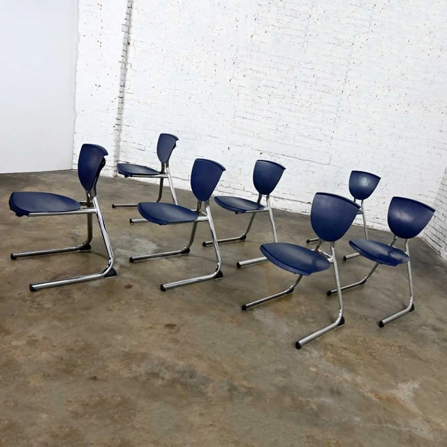7 Vintage Modern Dark Blue Plastic & Chrome Reverse Cantilever Intellect Dining Chairs by Ki Seating For Sale - Image 9 of 13