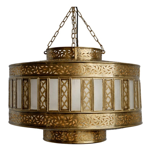 Vintage Brass & Frosted Glass Striped Pendant Light Small For Sale