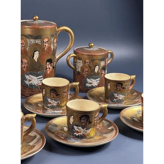 Brown Japanese Meiji Hand-Painted Shimazu Satsuma Coffee Service with Moriage Kannon Immortals and Dragons, 19th Century, Set of 15 For Sale - Image 8 of 11
