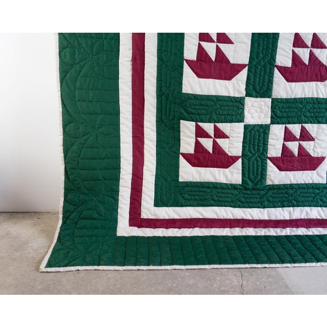 Green Large Antique American Hand Stitched Quilt, Sailboat Block Pattern, Early 20th Centry For Sale - Image 8 of 12