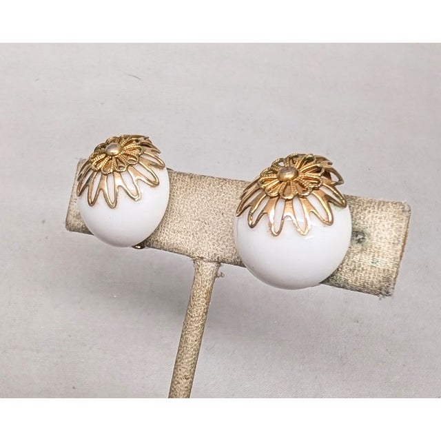 Mid-Century Modern Vintage 1950s Signed Napier Goldtone Filigree Round Domed White Resin Clip Earrings-2 Pieces For Sale - Image 3 of 7
