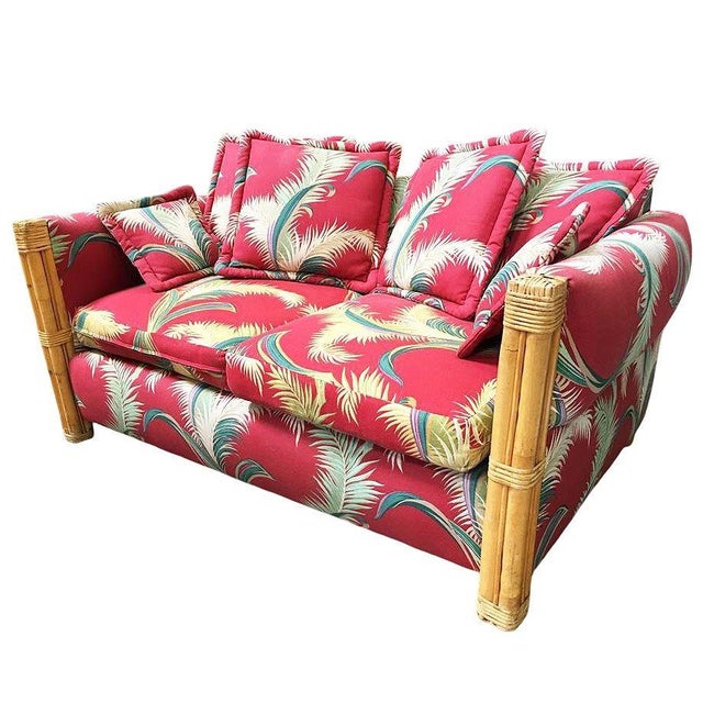 Restored "Big King" Plush Over Stuffed Rattan Settee Sofa W/ 4 Strand Arms, Pair For Sale - Image 4 of 8