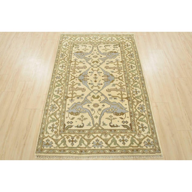 Tribal Oushak Rug 4′ X 6’1” Ivory Wool Tribal Hand-Knotted Oriental Carpet For Sale - Image 3 of 13