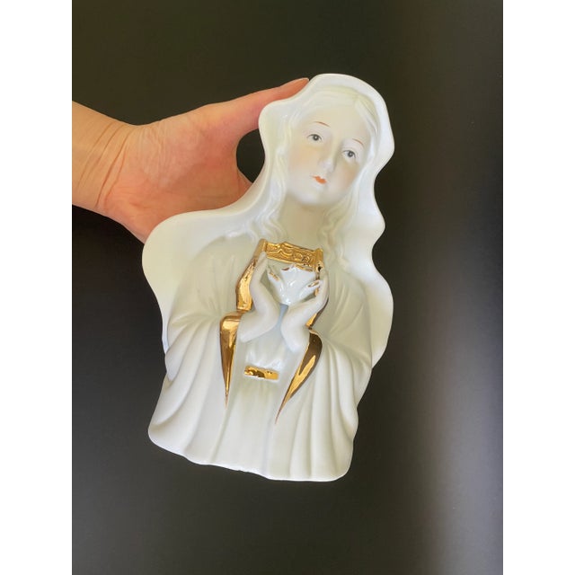 Vintage Gold Gild Bisque Porcelain Madonna Virgin Mary Holding Rose Bust Figurine For Sale - Image 12 of 13