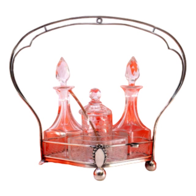 Silver Structure and Cut Glass Cruets and Mustard Jar and Salt and Pepper Containers, Set of 6 For Sale