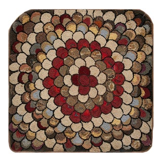 1940s Multi Floral Folk Art Penny Antique American Hooked Rug 4' 0''x4' 0'' Woven Wool Carpet For Sale