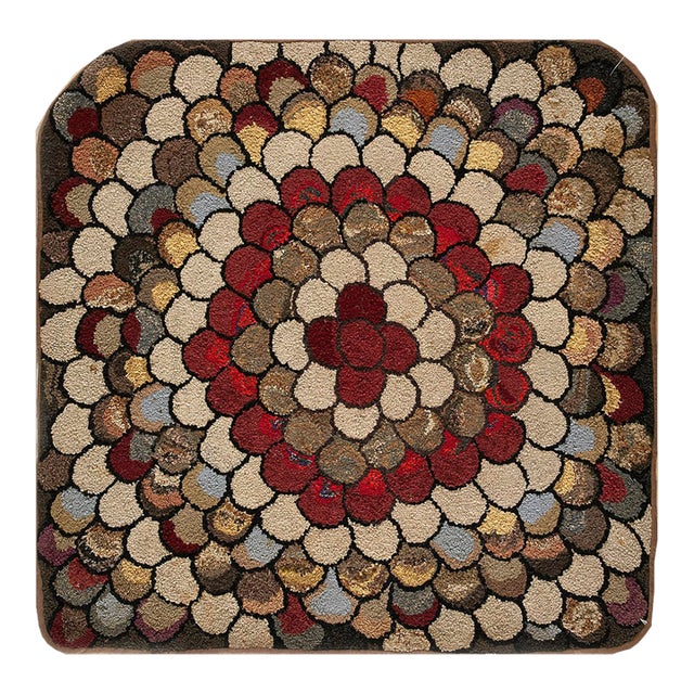 1940s Multi Floral Folk Art Penny Antique American Hooked Rug 4' 0''x4' 0'' Woven Wool Carpet For Sale