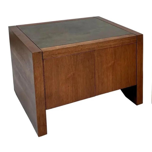 Mid-Century Modern Harry Lunstead Style Wood Cabinet Side Table With Etched Metal Top For Sale - Image 11 of 11