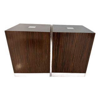 Vintage Pair Cube End Tables With Macassar Ebony Veneer Lacquered & Polished Silver Metal Accents For Sale