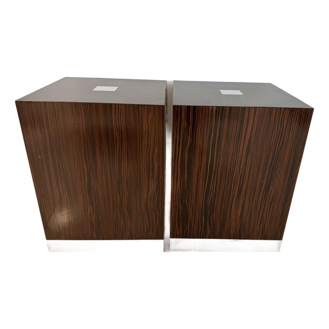 Vintage Pair Cube End Tables With Macassar Ebony Veneer Lacquered & Polished Silver Metal Accents For Sale