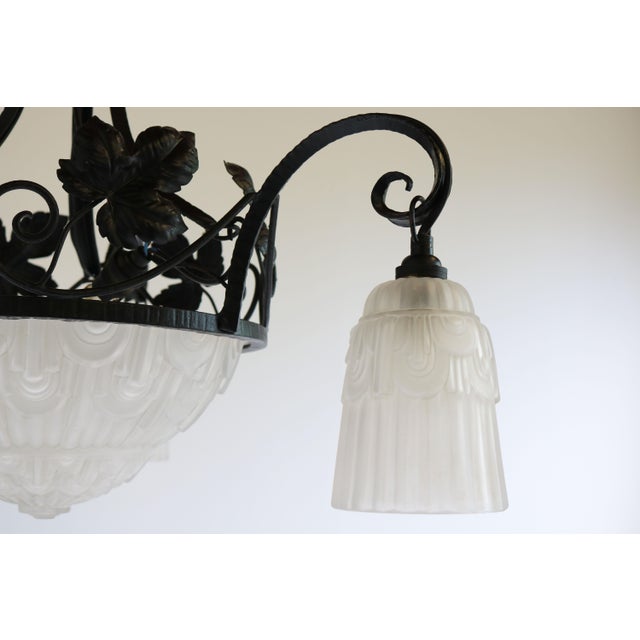 Antique French Art Deco Geometric Wrought Iron and Frosted Glass Chandelier, 1930 For Sale - Image 13 of 15